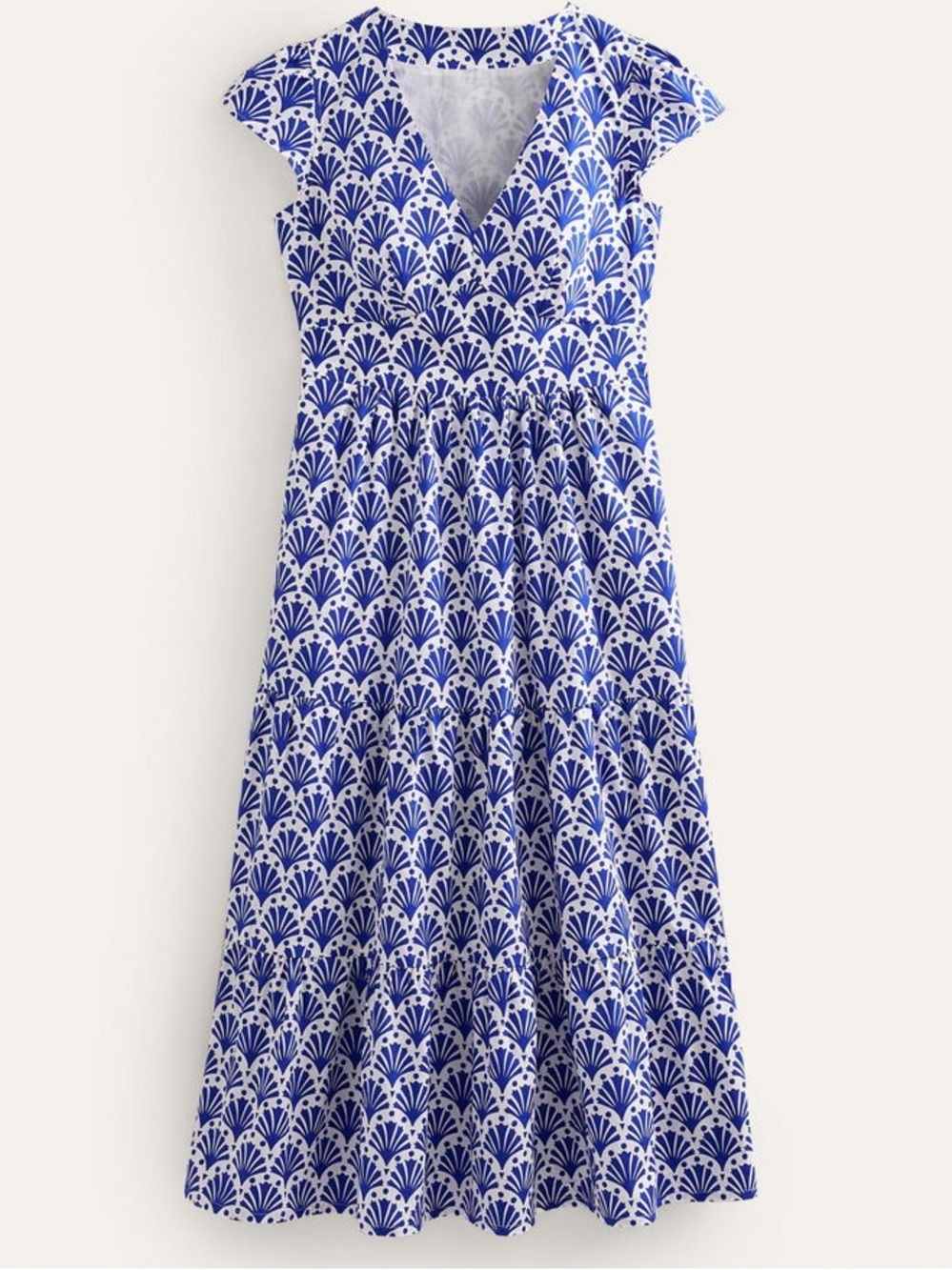 Boden May Shell Print Midi Dress Blue White Cotton US 12R Fit & Flare Pockets